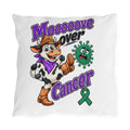 Moooove Over Cancer outdoor pillow with western cow, green ribbon, and bold colorful design
