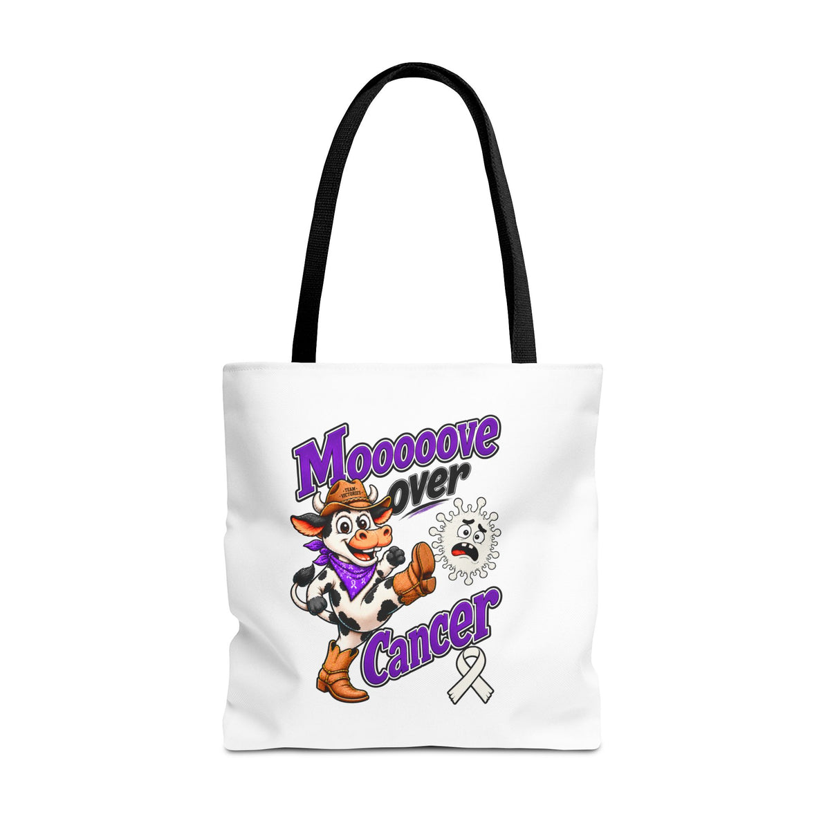 Person wearing the Moooove Over Cancer Lung Cancer awareness tote across the shoulder