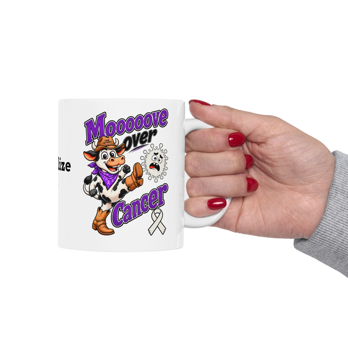 Hand holding a Moooove Over Cancer personalized ceramic mug with Lung Cancer awareness ribbon