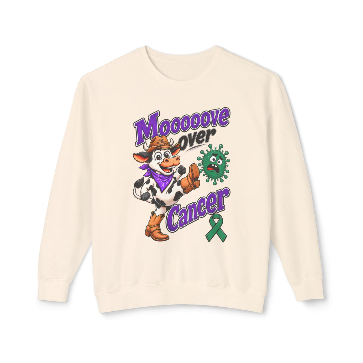 Moooove Over Cancer sweatshirt with cow graphic and Liver Cancer awareness ribbon in cream