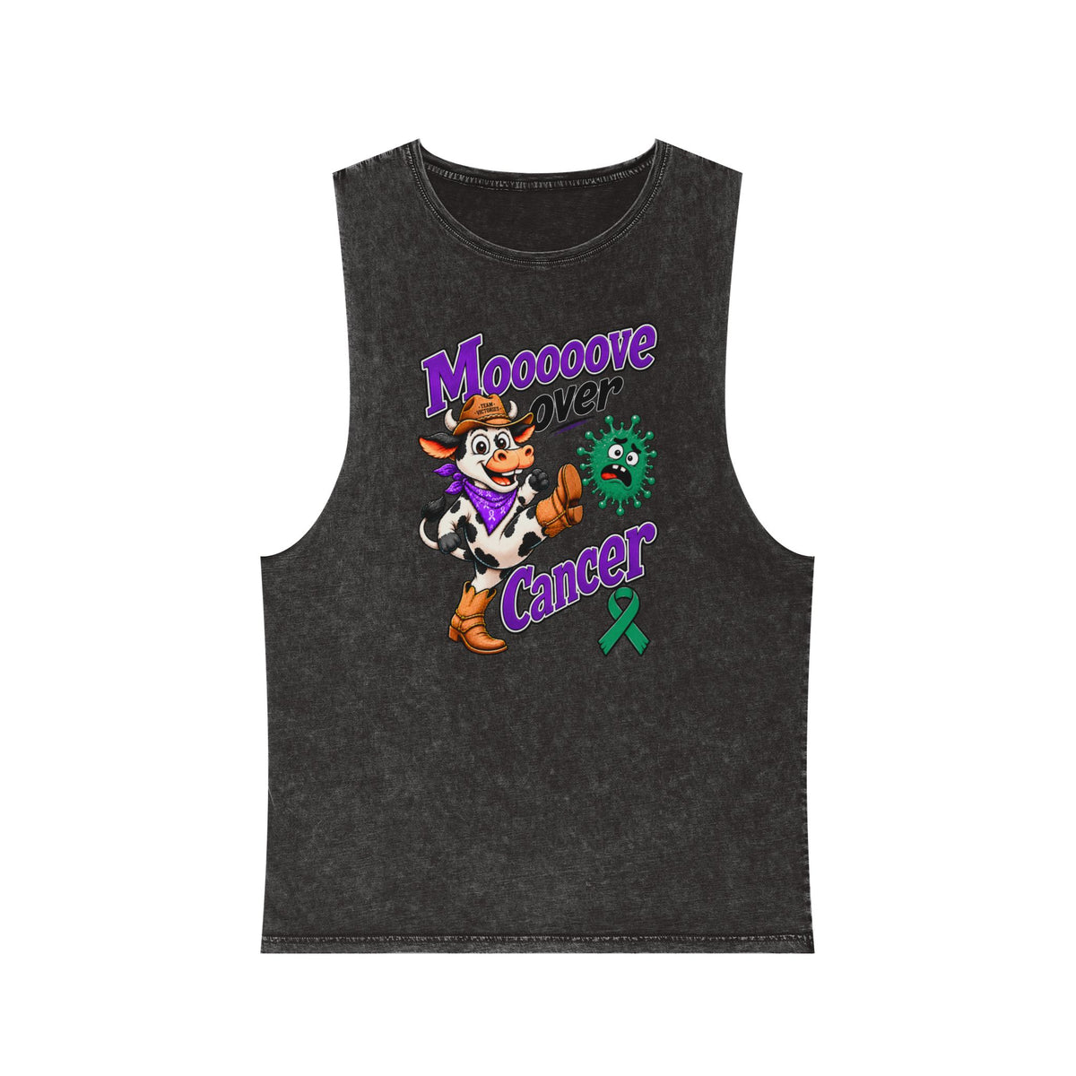 Moooove Over Cancer tank top in black with green Liver Cancer awareness ribbon