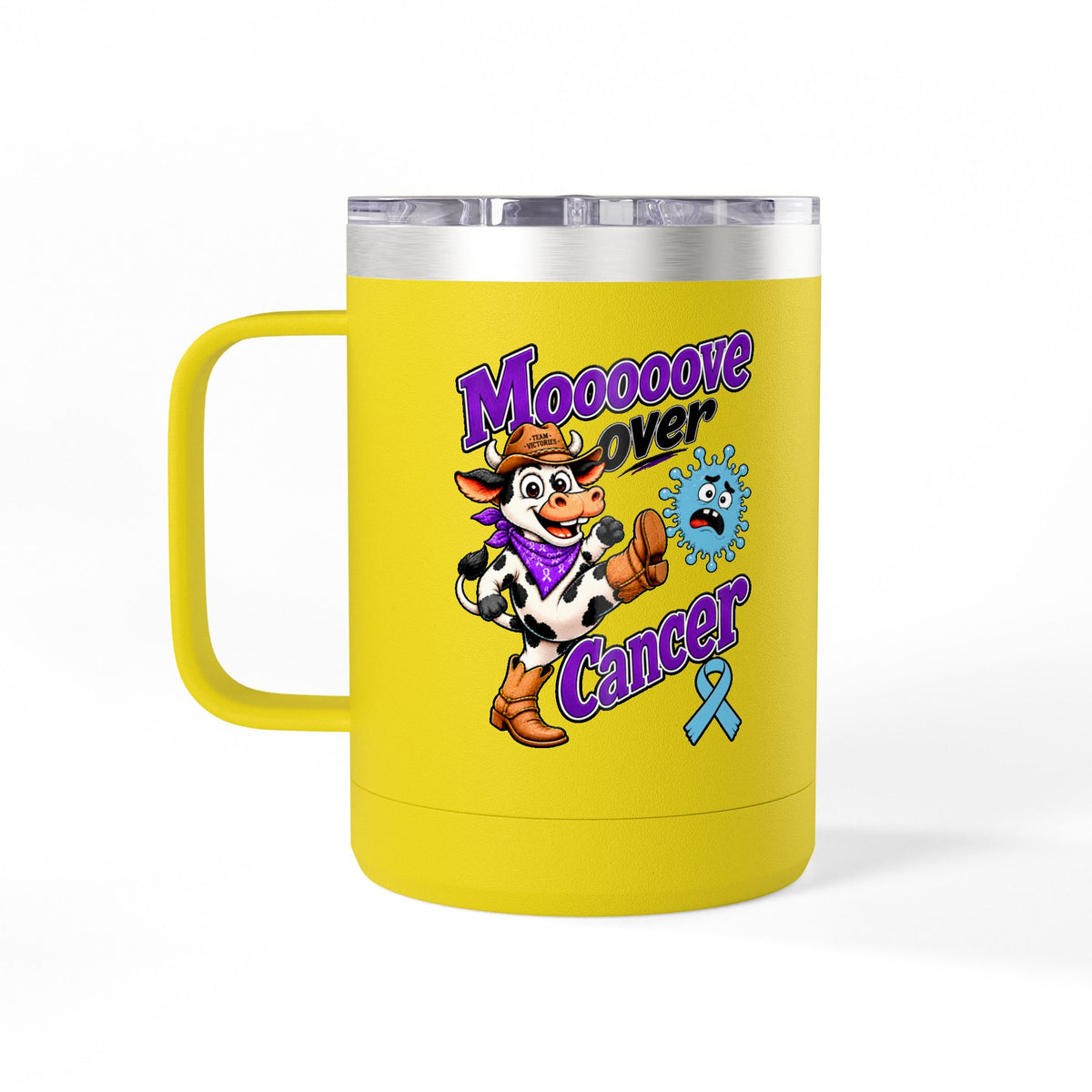 Yellow Moooove Over Cancer mug with light blue Prostate Cancer awareness ribbon