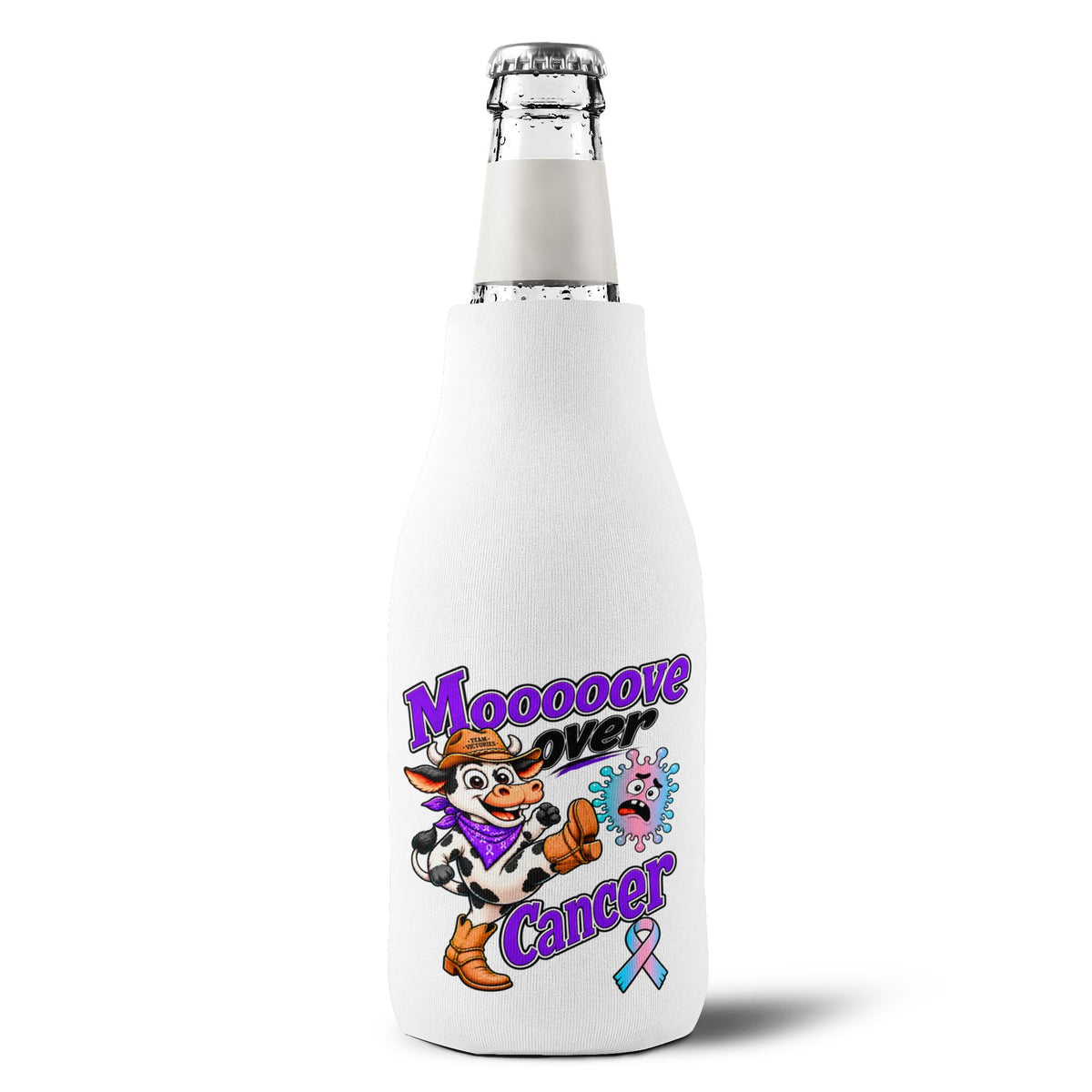 Moooove Over Cancer zip-up bottle cooler sleeve fitted around a glass bottle
