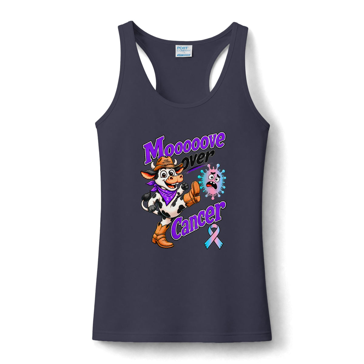 Moooove Over Cancer dark gray tank top with cowgirl design and Thyroid Cancer awareness ribbon
