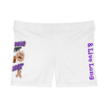Moooove Over Cancer women's athletic shorts with cowgirl-cow artwork and Live Long lettering