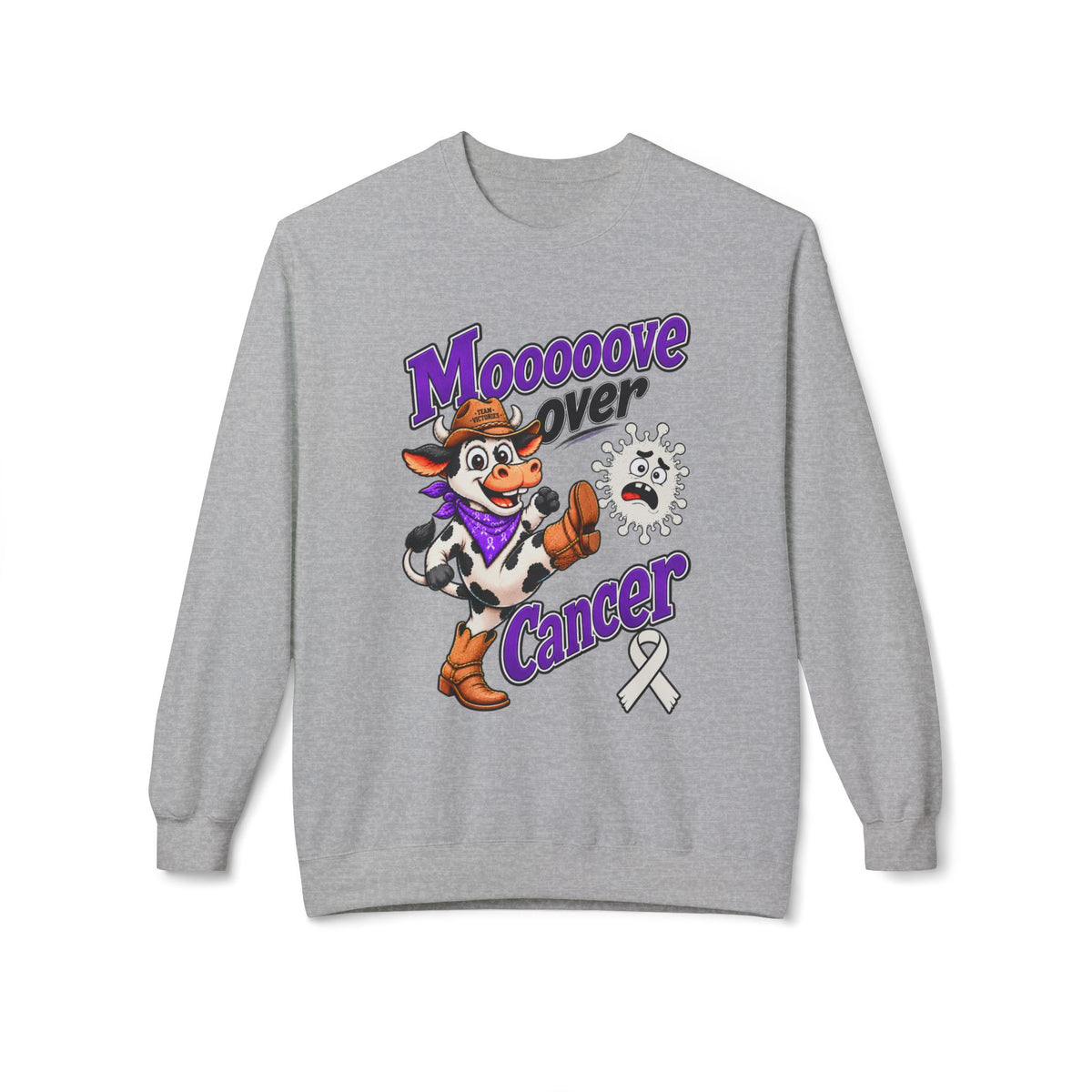 Back view of Moooove Over Cancer crewneck sweatshirt