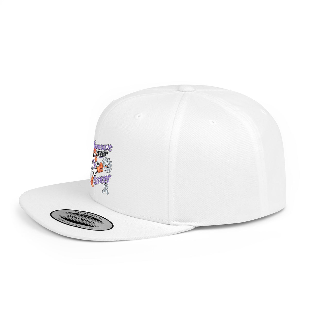 Back view of white Moooove Over Cancer snapback hat with adjustable closure