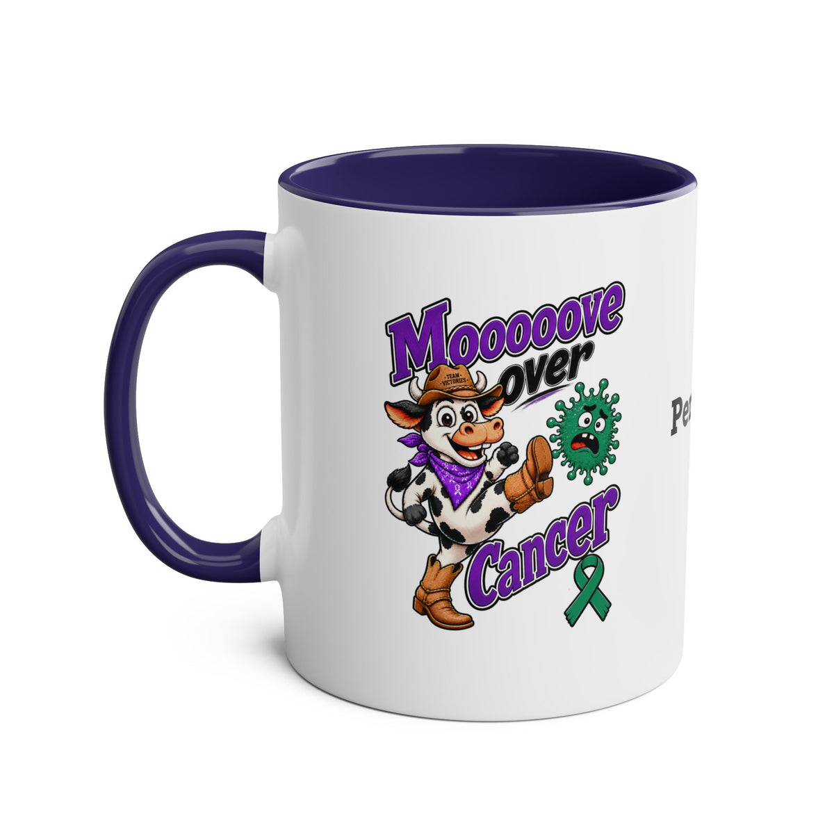 Moooove Over Cancer ceramic mug with purple interior and handle