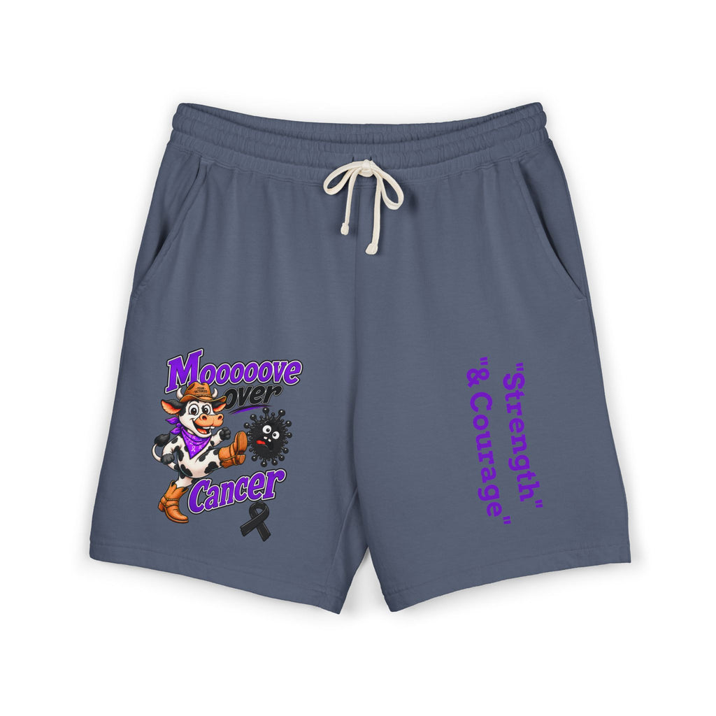 Moooove Over Cancer sweat shorts in slate blue with colorful awareness artwork and Strength & Courage lettering