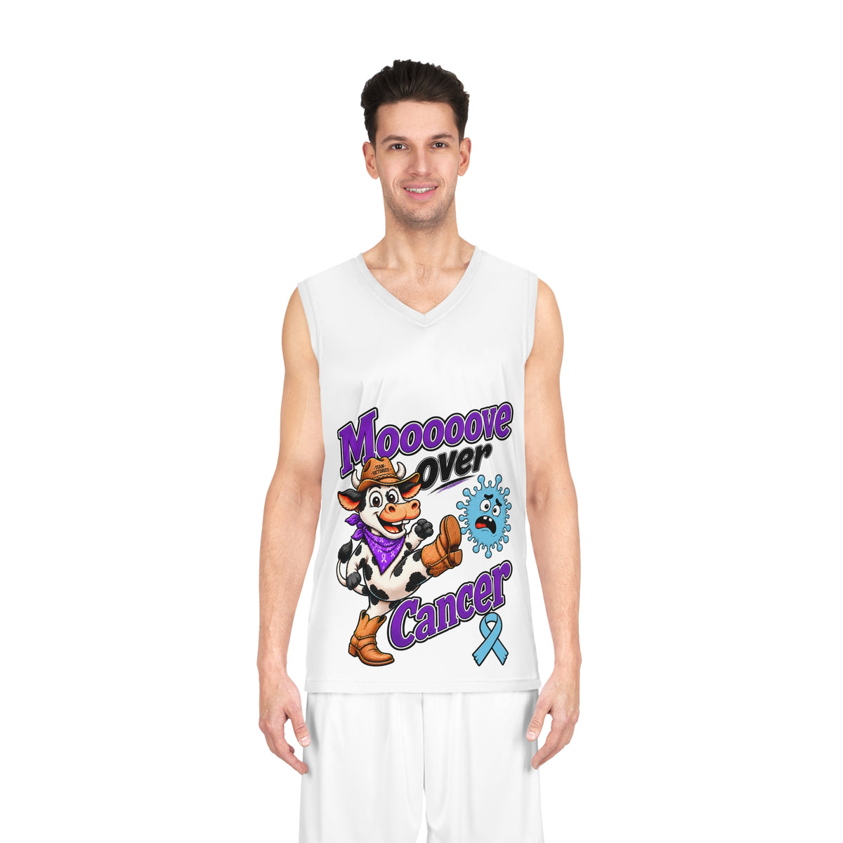 Model wearing the Moooove Over Cancer white basketball jersey with cow mascot artwork