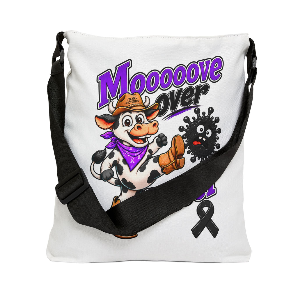 Moooove Over Cancer tote shown with adjustable strap and Melanoma Cancer awareness ribbon