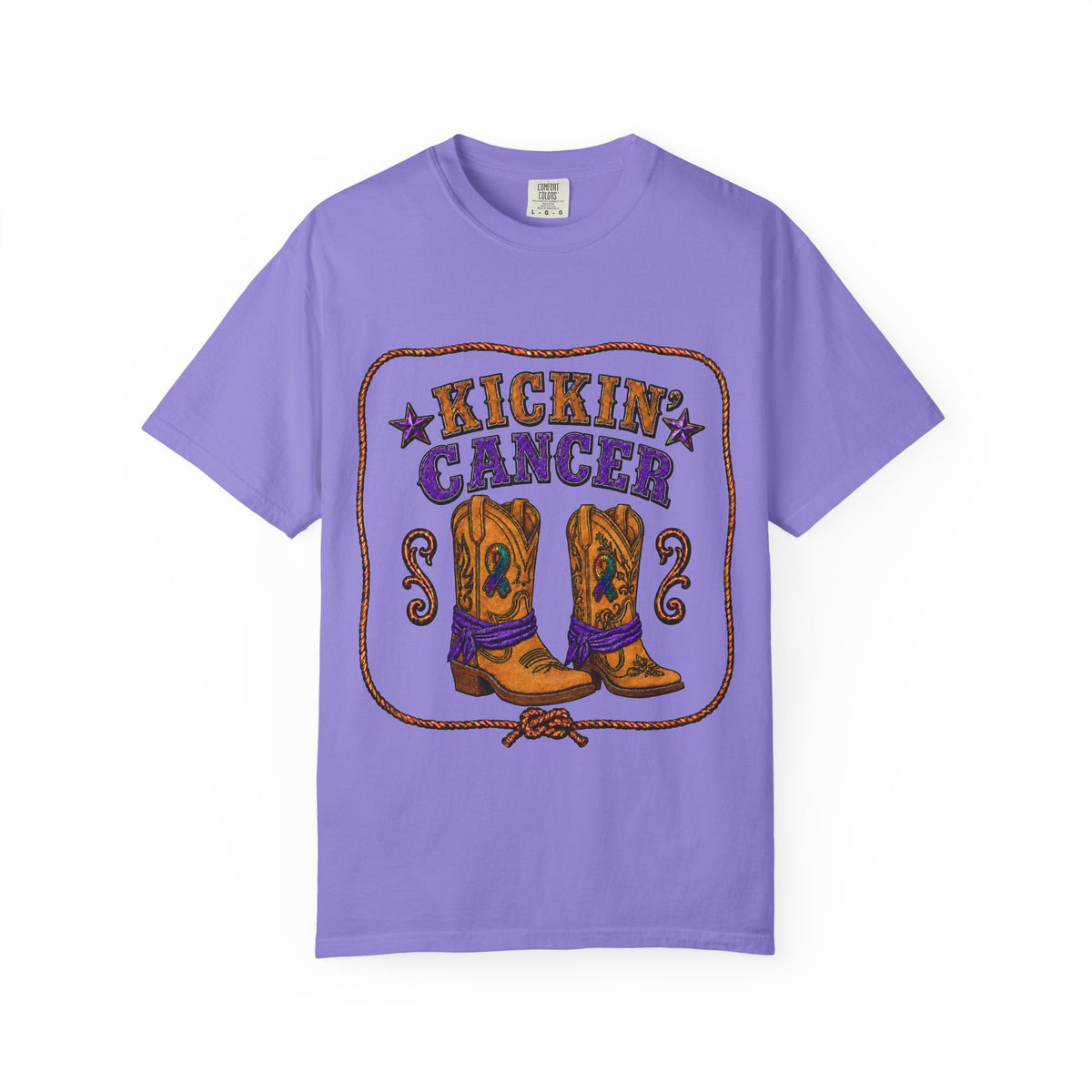 Violet Kickin' Cancer unisex T-shirt with western cowboy boot and awareness artwork