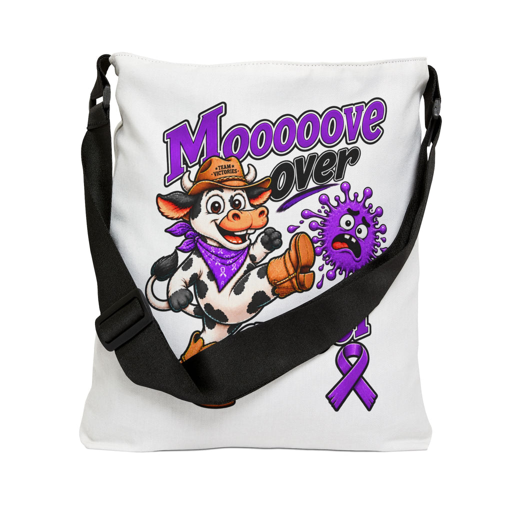 Moooove Over Cancer tote bag shown with flap-style shoulder strap detail