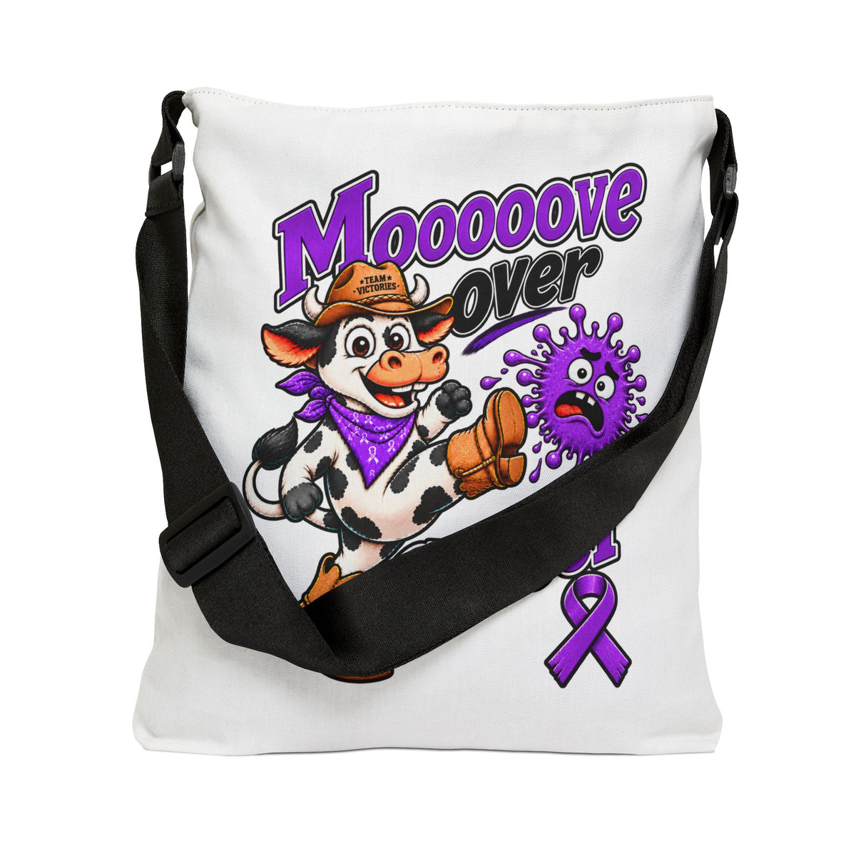 Moooove Over Cancer tote bag shown with flap-style shoulder strap detail