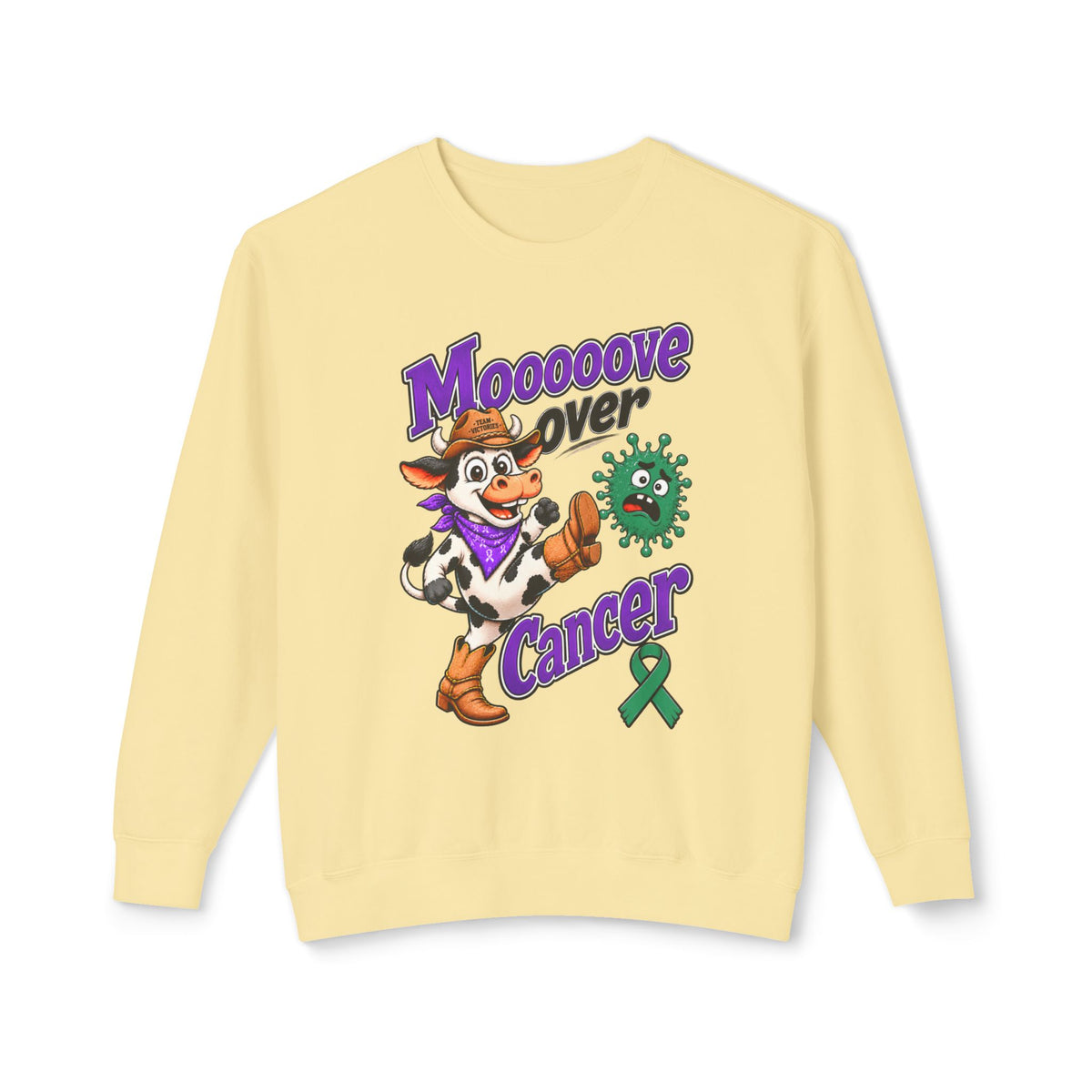 Moooove Over Cancer cow design with Liver Cancer awareness ribbon on a yellow crewneck