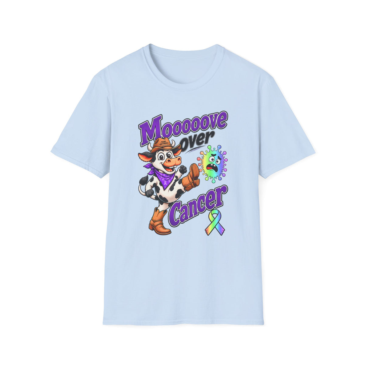 Moooove Over Cancer T-shirt in light blue with all-cancer awareness ribbon