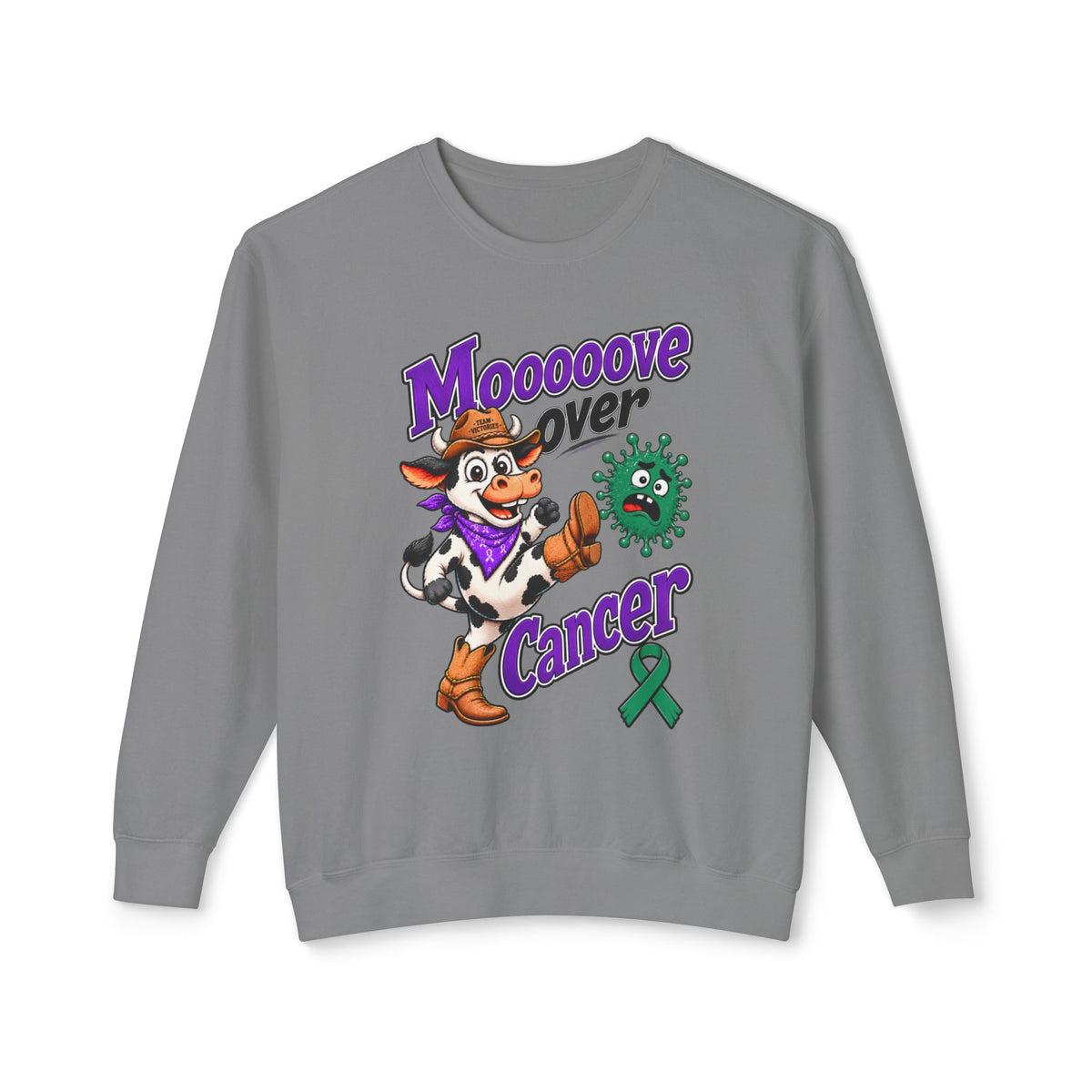 Moooove Over Cancer sweatshirt with cow graphic and Liver Cancer awareness ribbon in gray