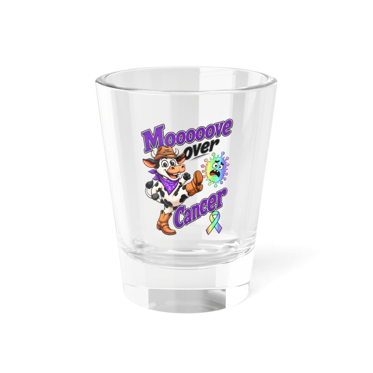Moooove Over Cancer 1.5 oz shot glass with colorful cow artwork and awareness ribbon