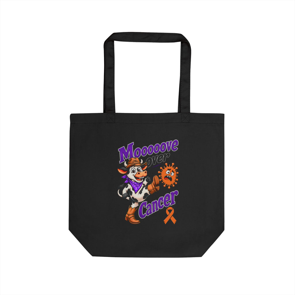 Black cotton tote bag featuring Moooove Over Cancer Team Victories artwork and orange ribbon