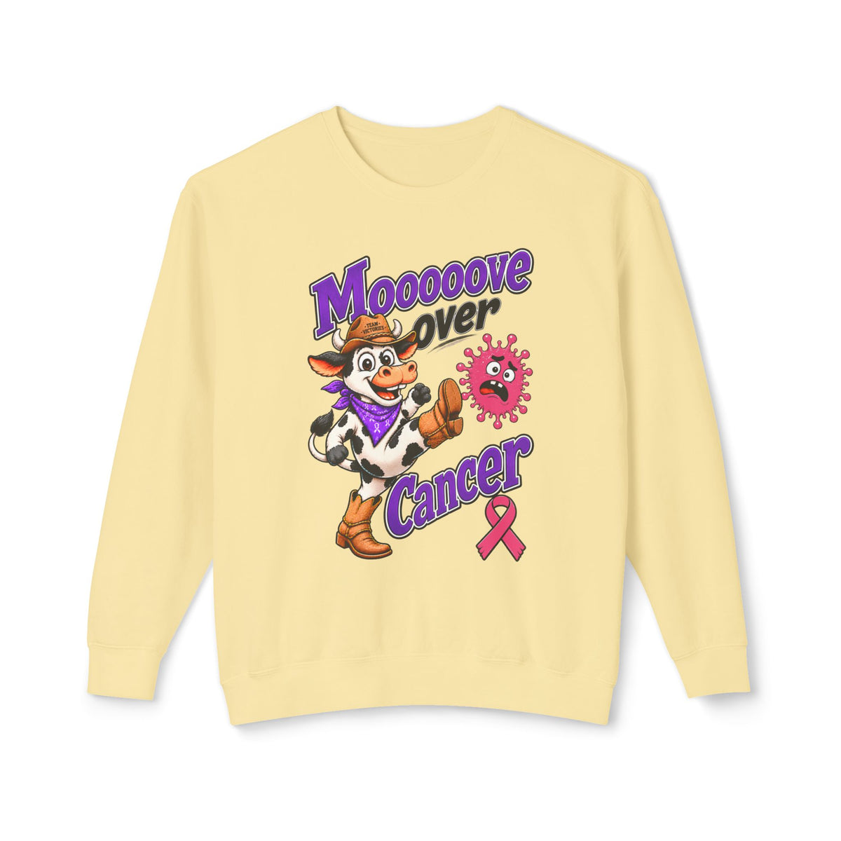 Moooove Over Cancer artwork on a cream crewneck with pink Breast Cancer awareness ribbon