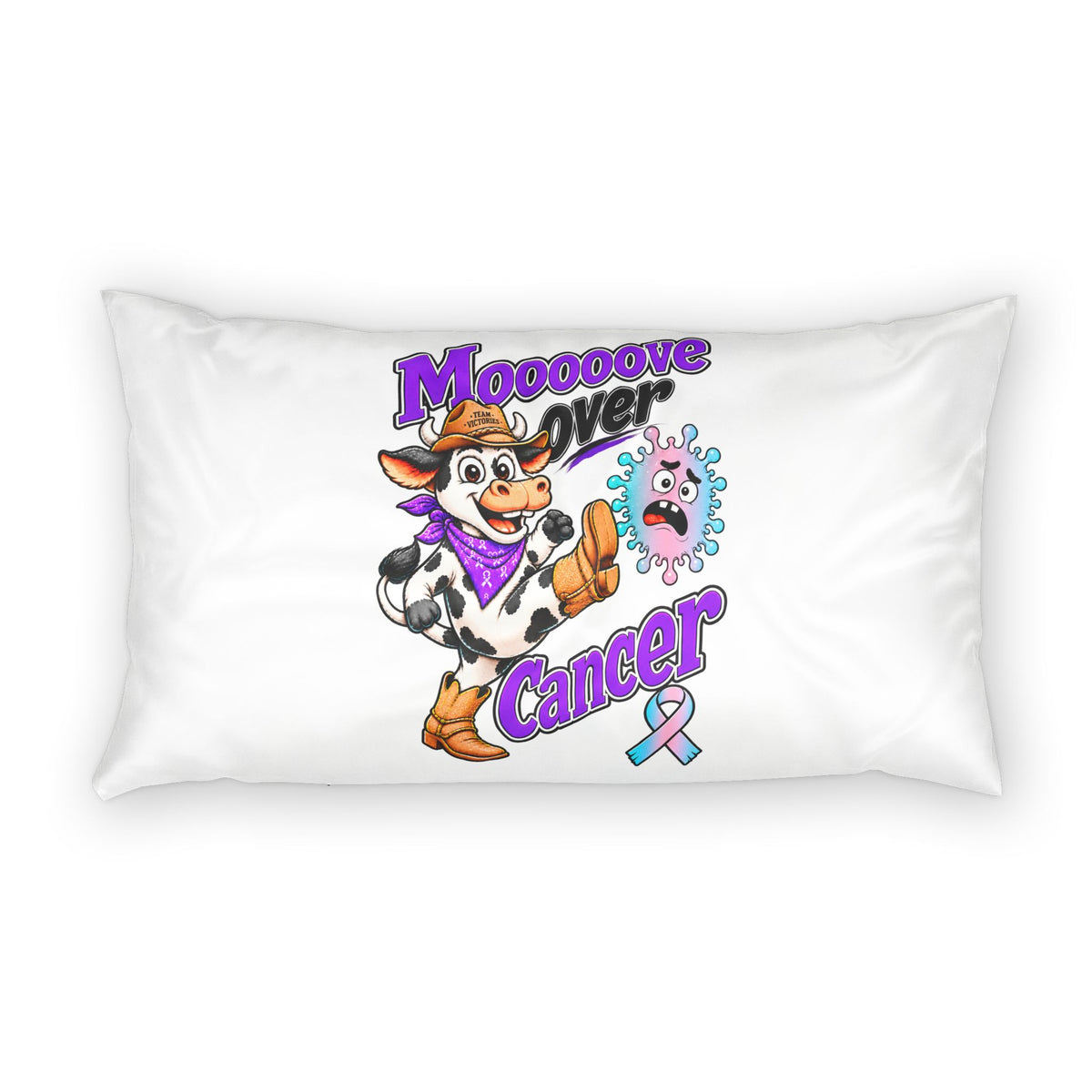 Moooove Over Cancer pillow sham shown in a wide 36 x 20 design with Thyroid Cancer awareness ribbon