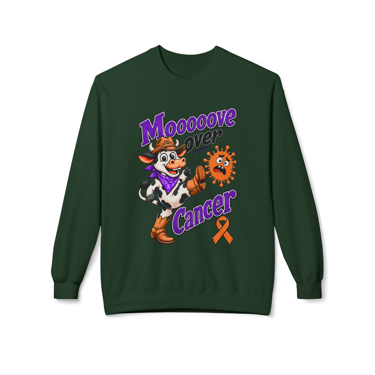 Tan Moooove Over Cancer crewneck sweatshirt with cowboy cow design