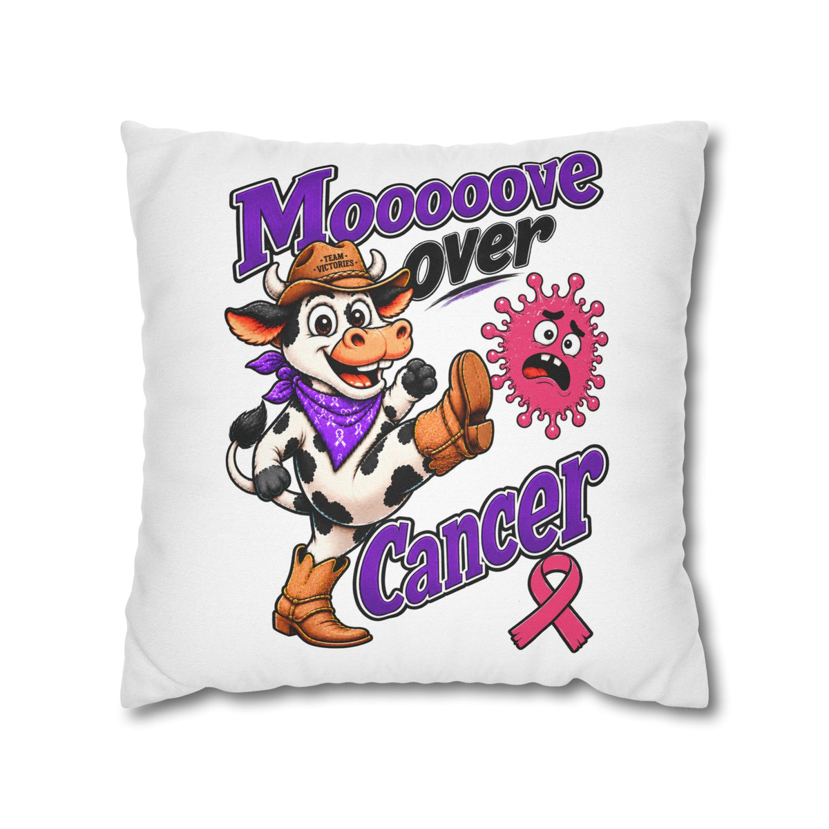 Moooove Over Cancer pillow cover featuring a cow, bold lettering, and Breast Cancer awareness ribbon