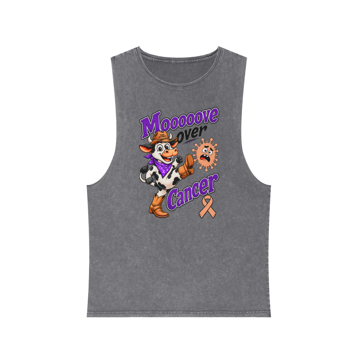 Gray Moooove Over Cancer tank top featuring a cowgirl character and Uterine Cancer awareness ribbon