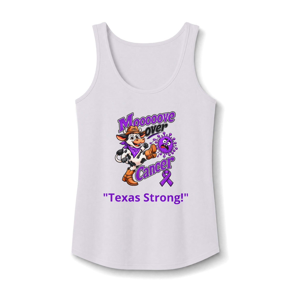 White Moooove Over Cancer Texas Strong tank top with Pancreatic Cancer awareness ribbon