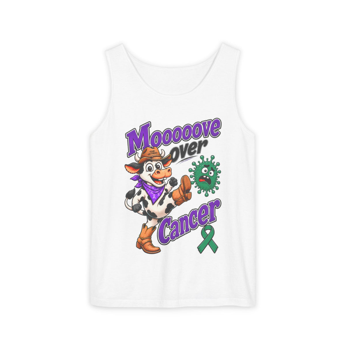 White Moooove Over Cancer tank top with cow design and Liver Cancer awareness ribbon