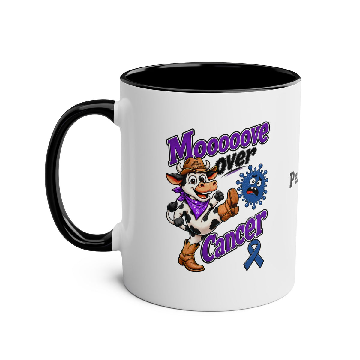 Moooove Over Cancer two-tone mug with black interior and handle and colorful cancer awareness artwork