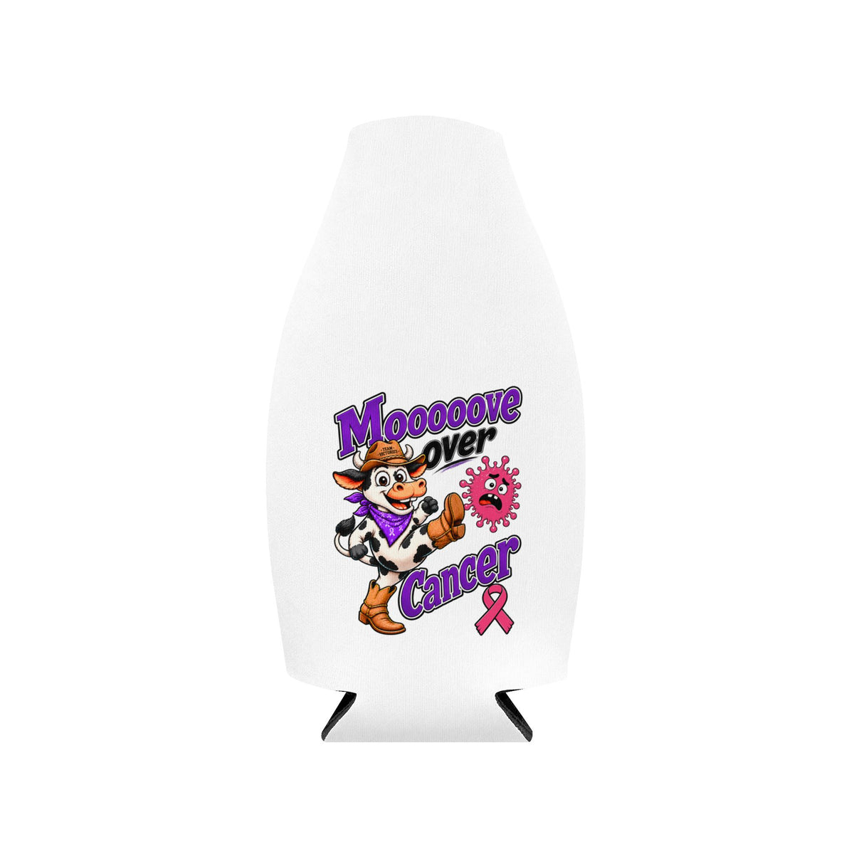 Moooove Over Cancer bottle cooler sleeve with a Breast Cancer awareness ribbon and cowgirl artwork
