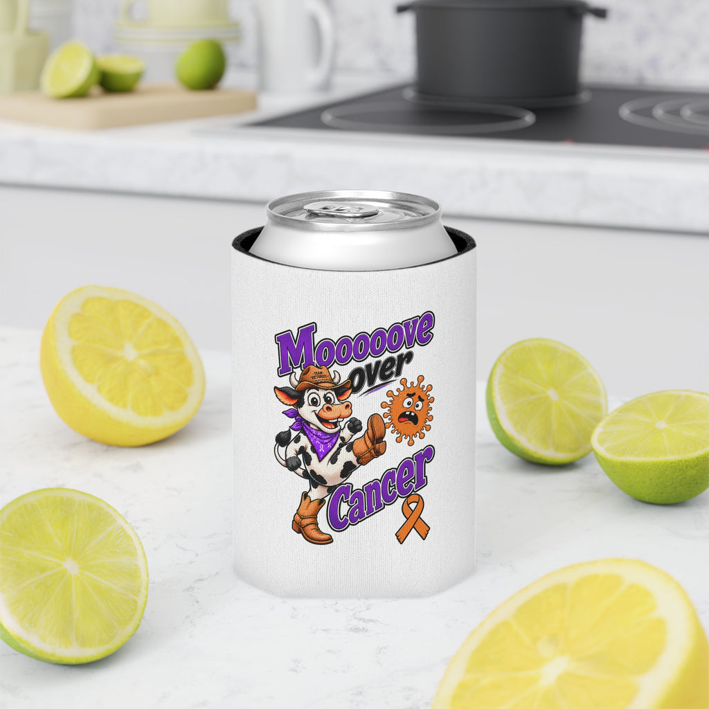 Moooove Over Cancer can cooler displayed on a kitchen counter with citrus