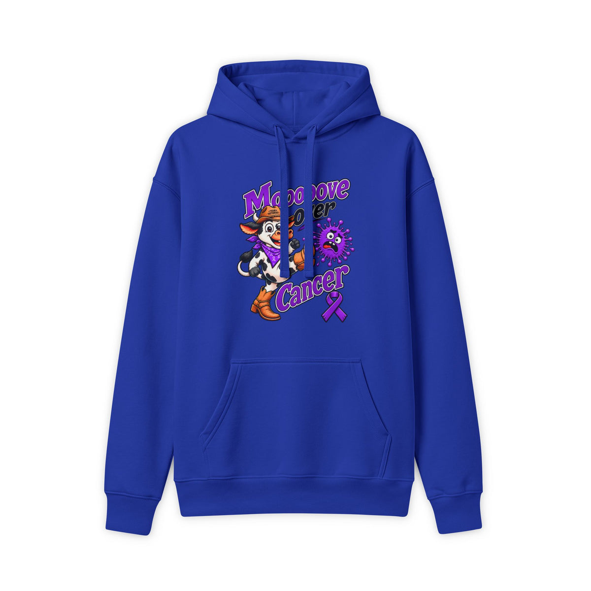 Moooove Over Cancer hoodie with Pancreatic Cancer awareness ribbon, front view in blue