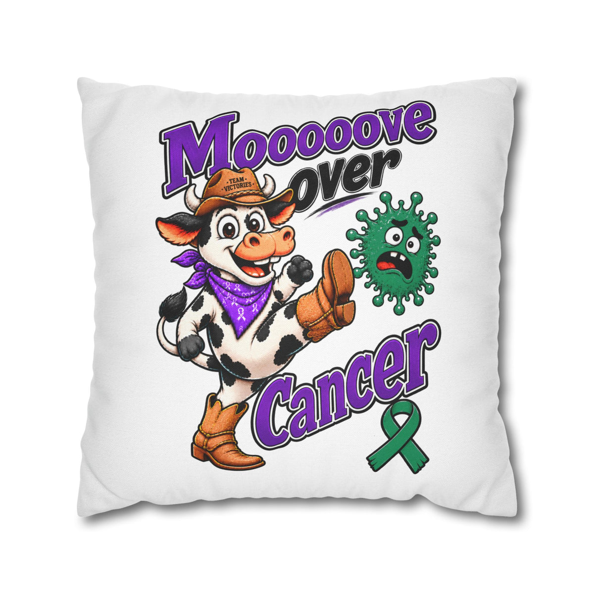 Moooove Over Cancer pillow cover showing cow, cancer character, and Liver Cancer awareness ribbon