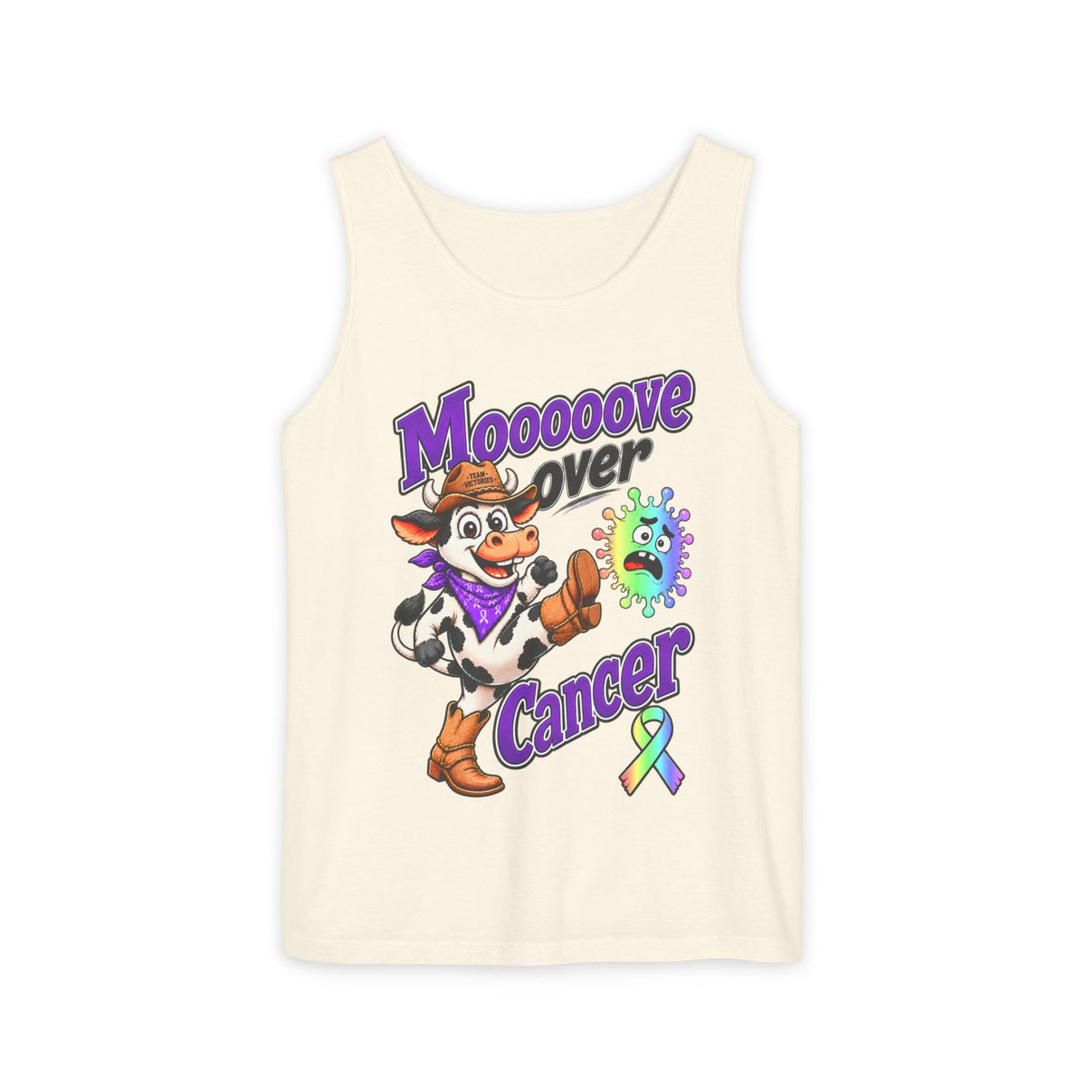 Cream Moooove Over Cancer tank top with cowgirl design and all-cancer awareness ribbon