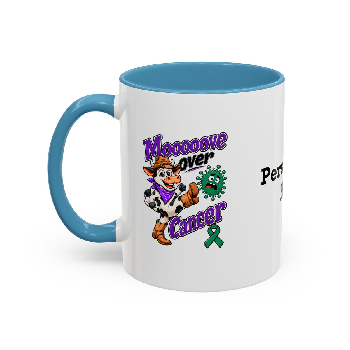 Moooove Over Cancer mug with a blue accent and Team Victories ribbon design