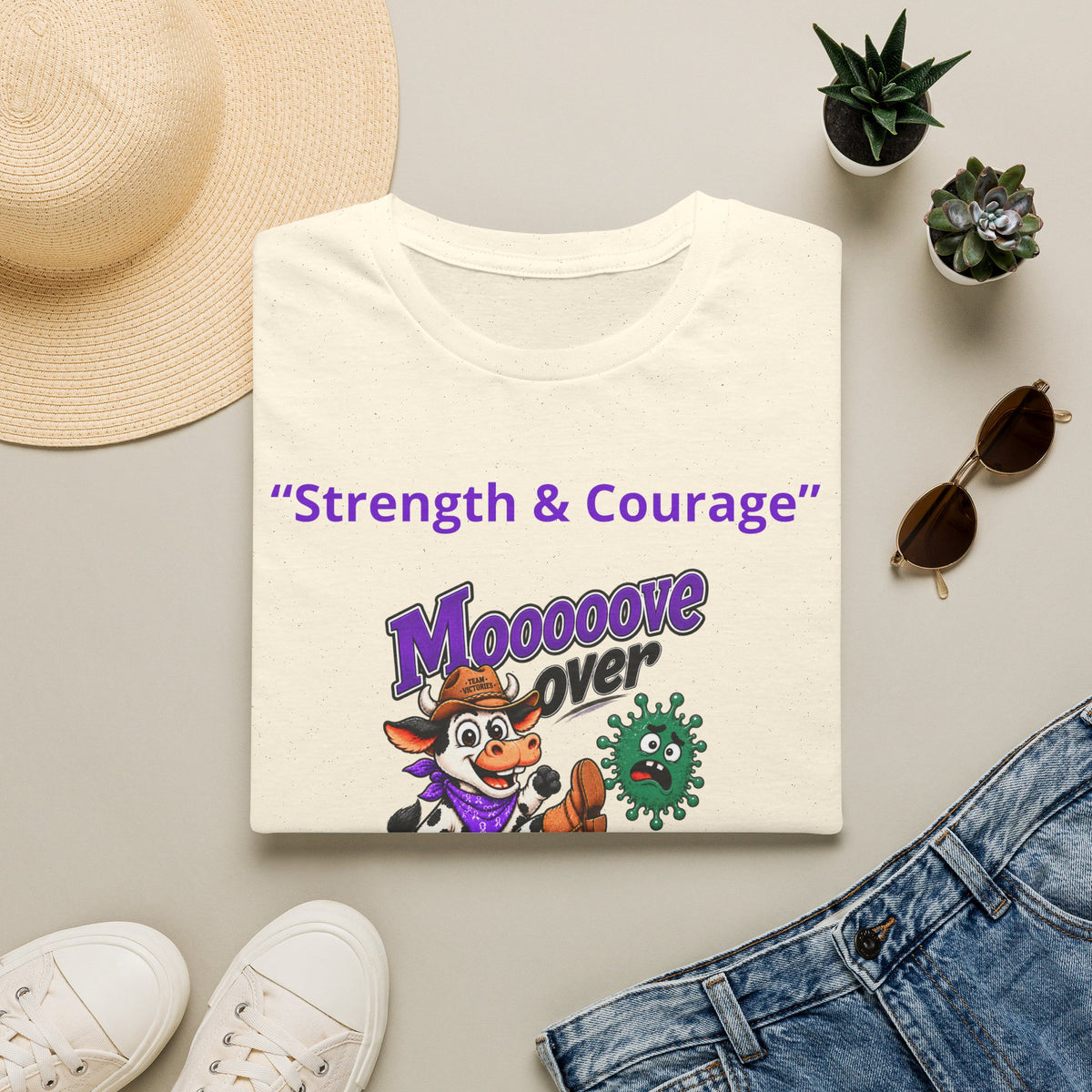 Woman modeling a yellow Moooove Over Cancer T-shirt with purple cancer support artwork