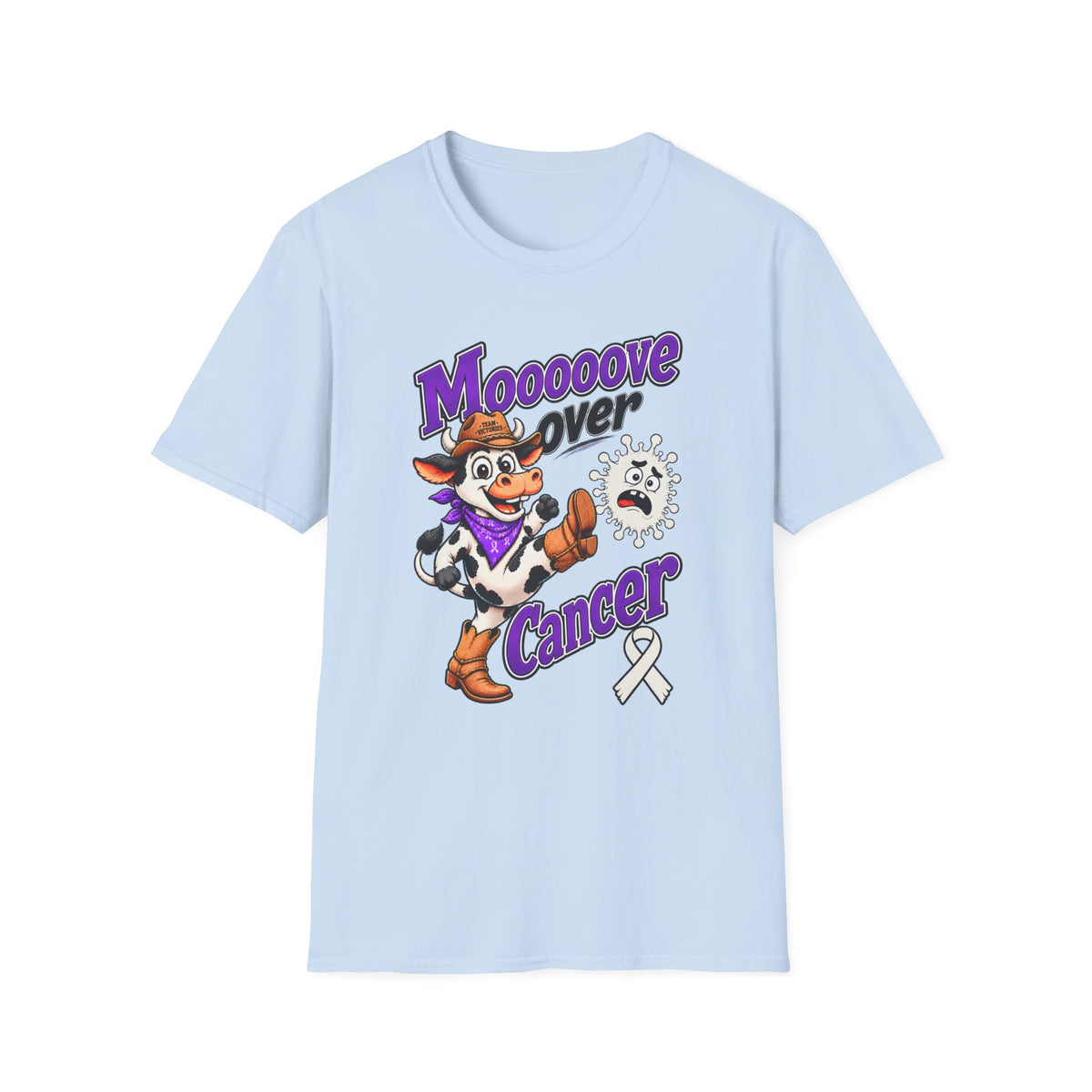 Light blue Moooove Over Cancer T-shirt with purple lettering and Lung Cancer awareness ribbon