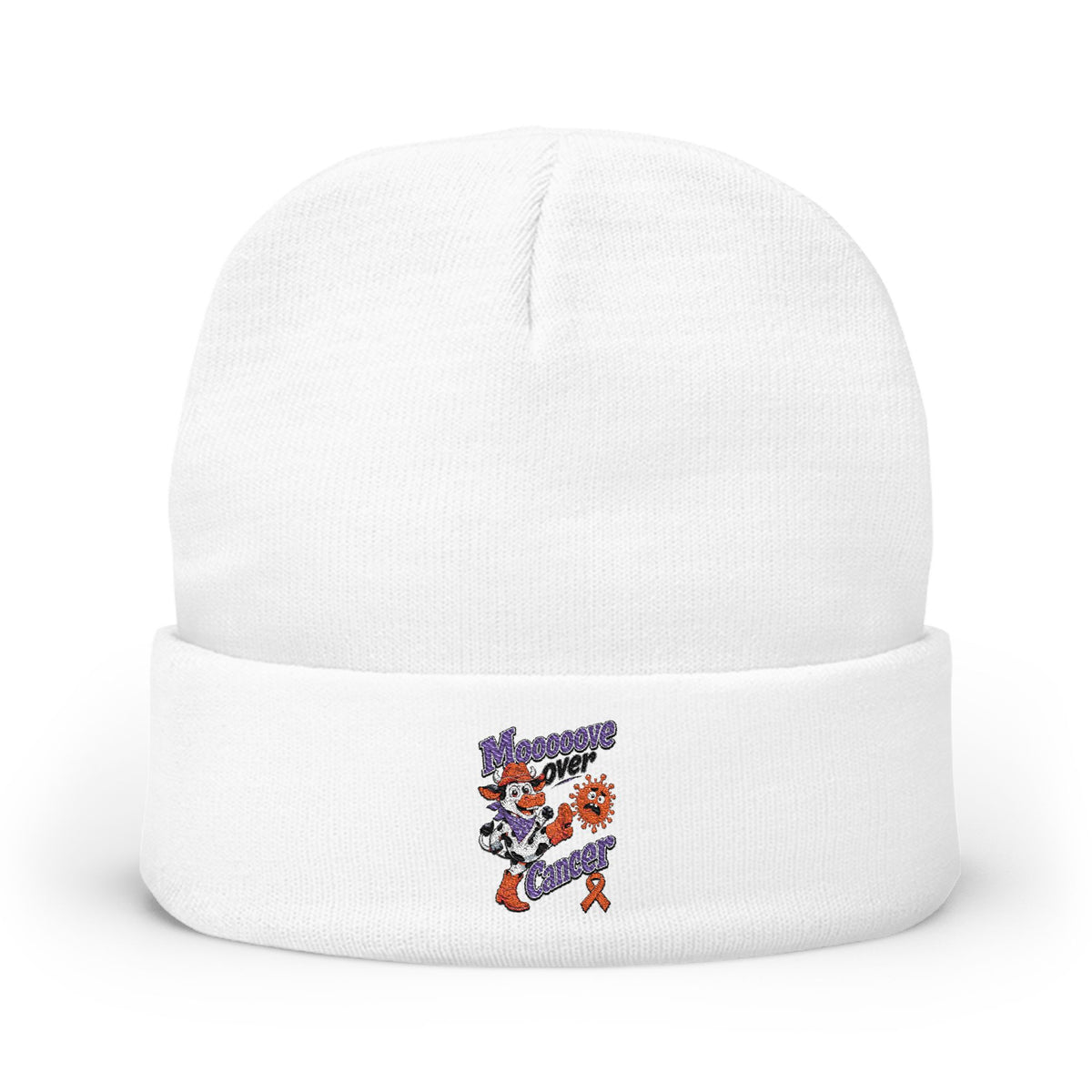 White Moooove Over Cancer beanie featuring embroidered cancer awareness artwork