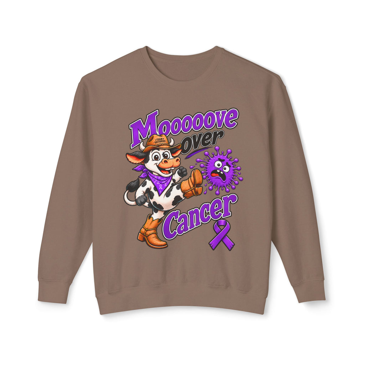 Reverse side view of the Moooove Over Cancer crewneck sweatshirt