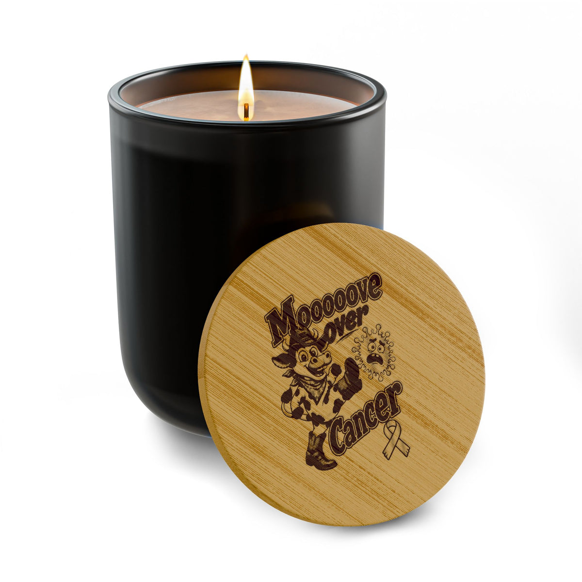 Black glass Moooove Over Cancer soy candle with engraved all-cancer awareness ribbon bamboo lid