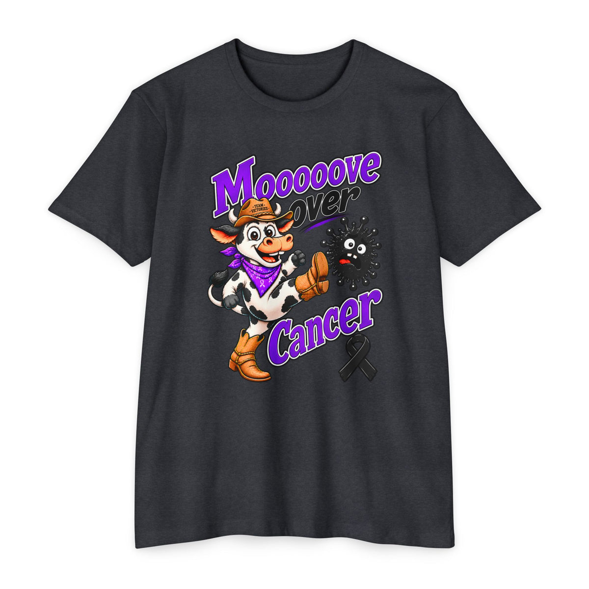 Moooove Over Cancer T-shirt in black with colorful cow graphic and awareness ribbon
