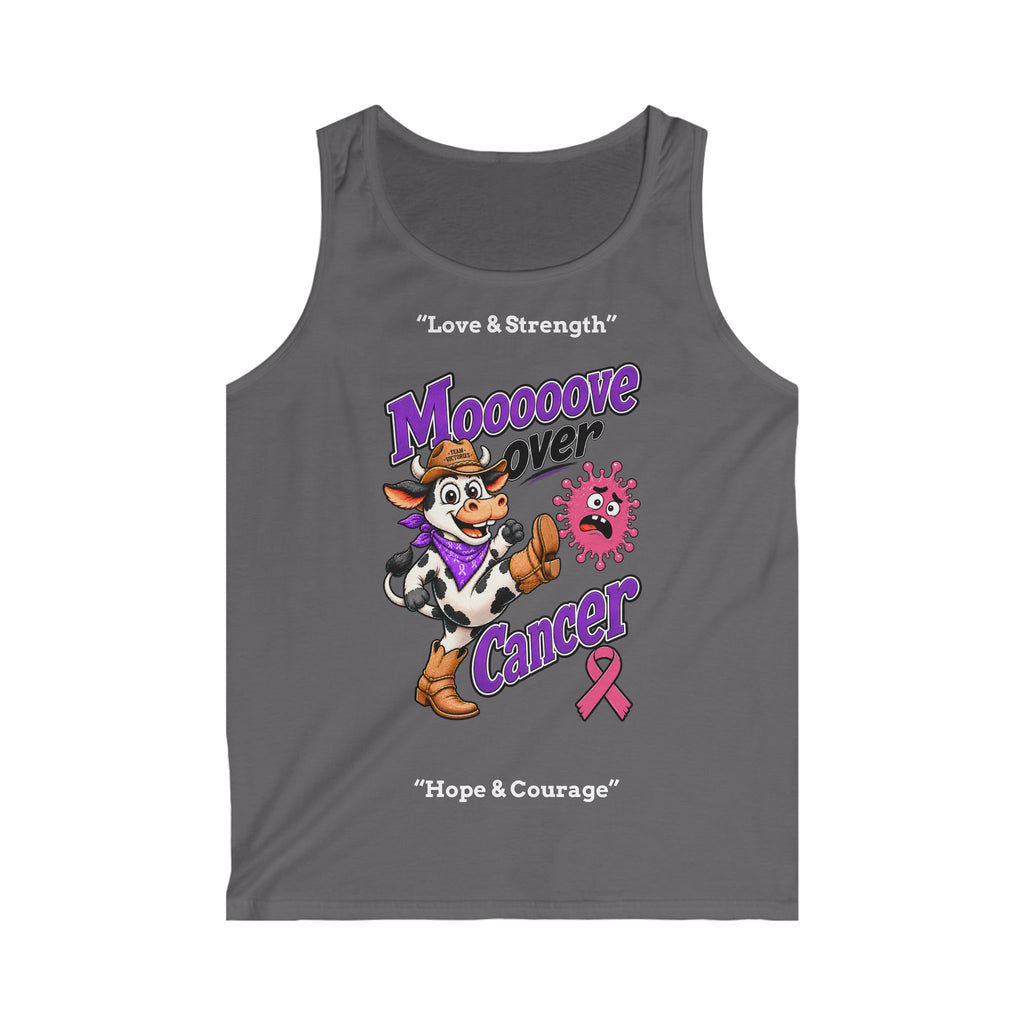 Dark gray Moooove Over Cancer tank top featuring a cartoon cow, pink ribbon, and Hope & Courage