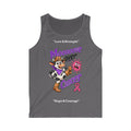 Dark gray Moooove Over Cancer tank top featuring a cartoon cow, pink ribbon, and Hope & Courage