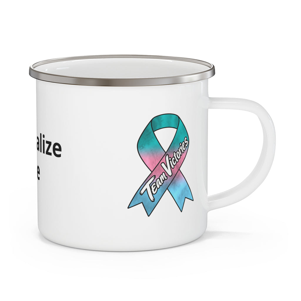 Team Victories Thyroid Cancer awareness ribbon on a Moooove Over Cancer enamel mug