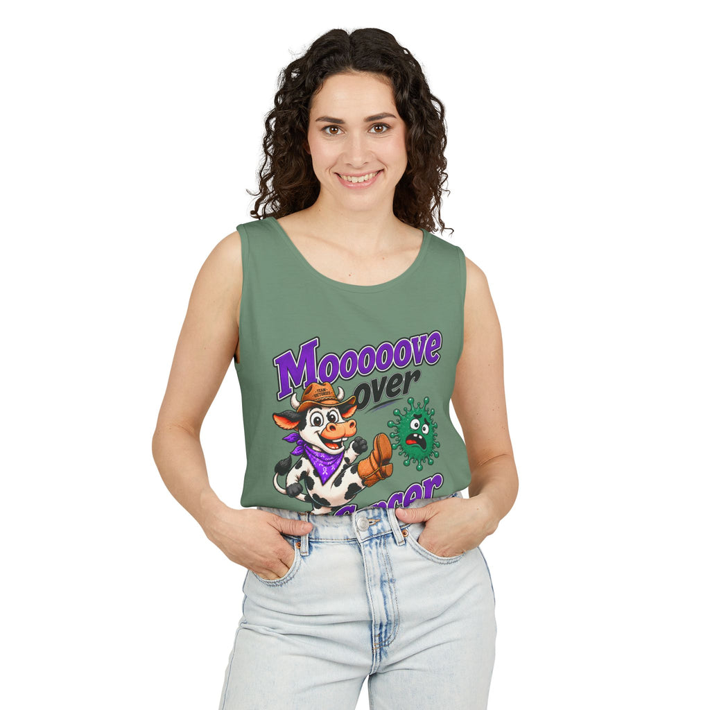 Woman wearing green Moooove Over Cancer tank top with Liver Cancer awareness ribbon