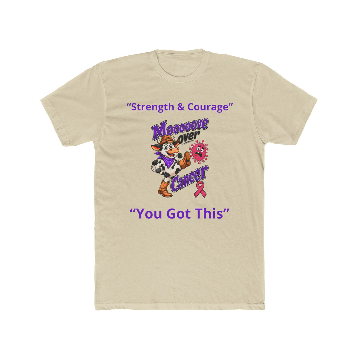 Natural Moooove Over Cancer T-shirt featuring a Breast Cancer awareness ribbon design