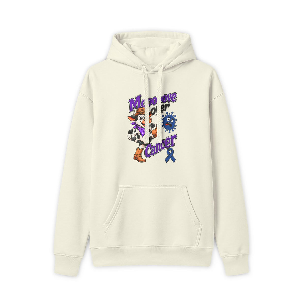 Moooove Over Cancer hoodie with Colon Cancer awareness ribbon in cream