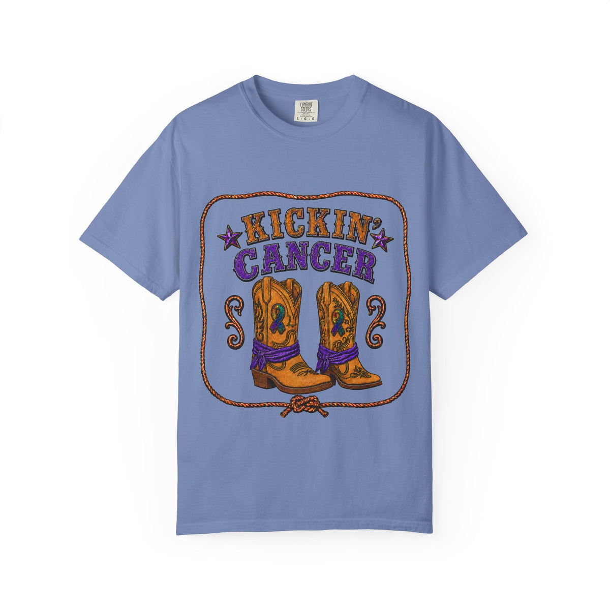 Blue Kickin' Cancer unisex T-shirt with western cowboy boot and awareness artwork